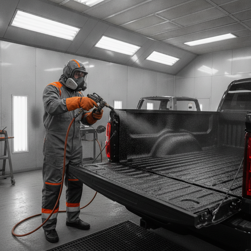 Technician spray-applying a protective bedliner coating into a pickup truck bed